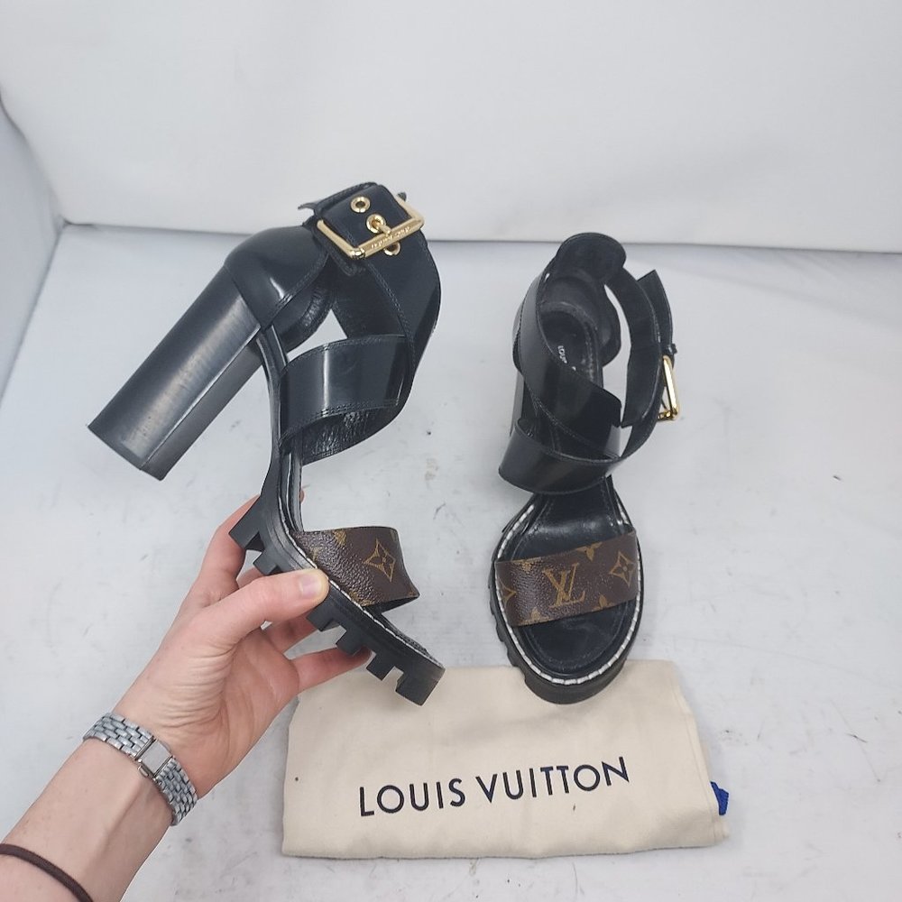 Louis Vuitton Black Leather Monogram Strap Block Heel Sandals